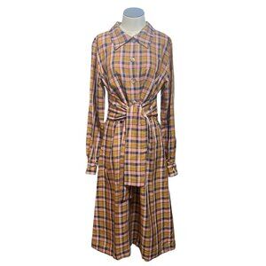 Preppy Grunge Farmcore Gestuz Tan Plaid Tie Waist AcieGZ Half Button Dress Sz 40